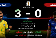 البرازيل وهايتي| السامبا يتفوقون على الأحمر والأزرق بثلاثية نظيفة في كأس العالم 2026 Brazil vs Haiti