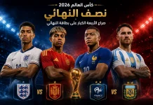 توقعات نصف نهائي كأس العالم 2026.. من الأقرب إلى النهائي حسب كمبيوتر كورابيديا؟ تصميم يجمع جود بيلينجهام ولامين يامال وكيليان مبابي وأليكسيس ماك أليستر قبل مواجهتي نصف نهائي كأس العالم 2026، في صراع بين إنجلترا وإسبانيا وفرنسا والأرجنتين على بطاقة التأهل إلى النهائي.