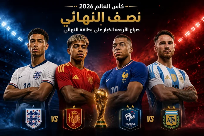 تصميم يجمع جود بيلينجهام ولامين يامال وكيليان مبابي وأليكسيس ماك أليستر قبل مواجهتي نصف نهائي كأس العالم 2026، في صراع بين إنجلترا وإسبانيا وفرنسا والأرجنتين على بطاقة التأهل إلى النهائي.