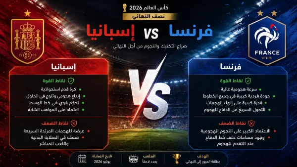إنفوجرافيك يقارن بين نقاط القوة والضعف لمنتخبي فرنسا وإسبانيا قبل مباراة نصف نهائي كأس العالم 2026، مع عرض أبرز المزايا التكتيكية والعيوب الفنية لكل منتخب في تصميم تحليلي.