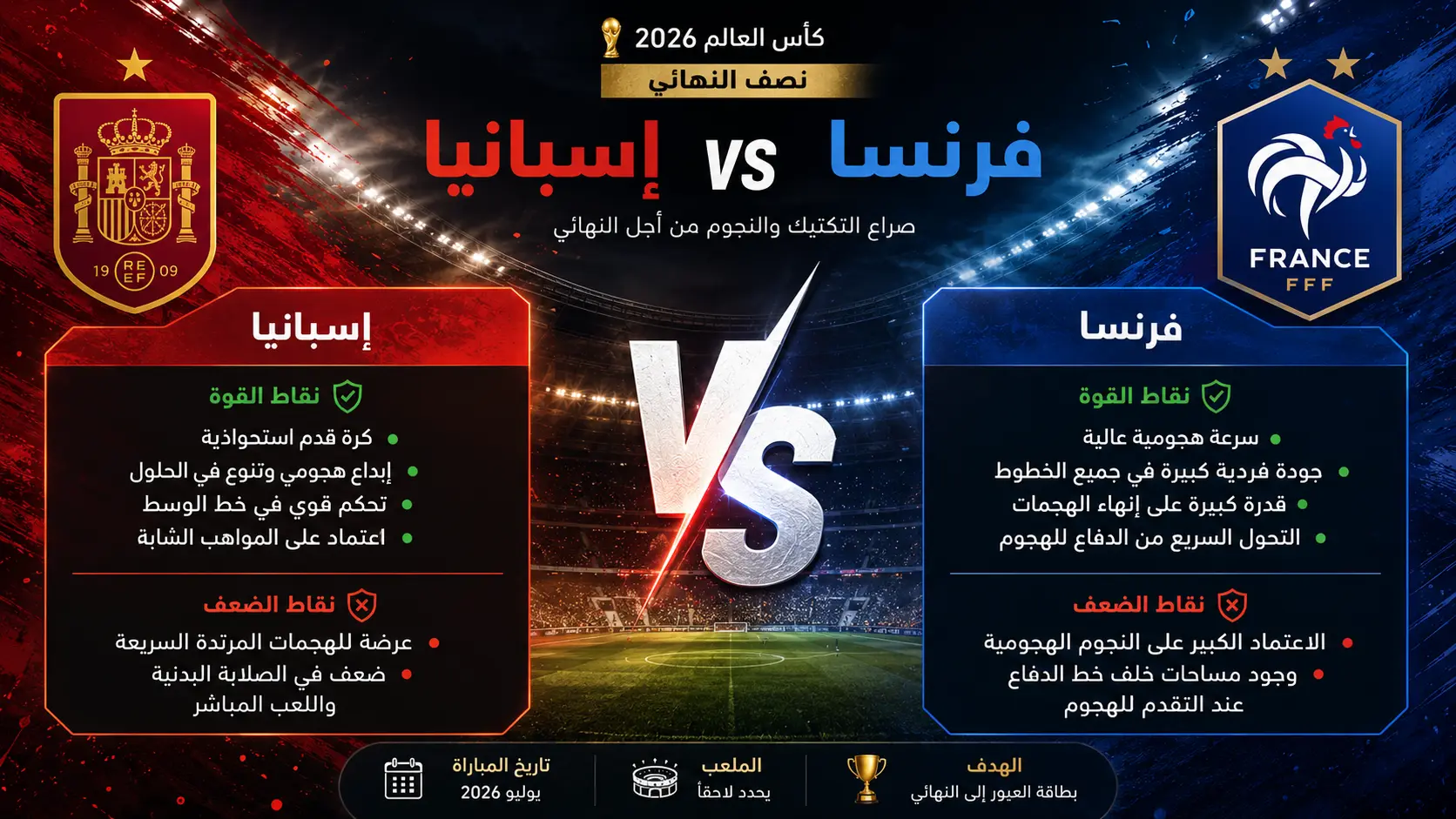 إنفوجرافيك يقارن بين نقاط القوة والضعف لمنتخبي فرنسا وإسبانيا 