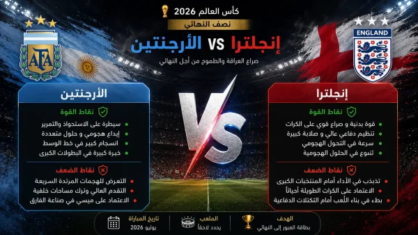 إنفوجرافيك تحليلي يقارن بين نقاط القوة والضعف لمنتخبي الأرجنتين وإنجلترا قبل نصف نهائي كأس العالم 2026، مع استعراض أبرز المميزات التكتيكية ونقاط الضعف لكل منتخب في تصميم رياضي احترافي.
