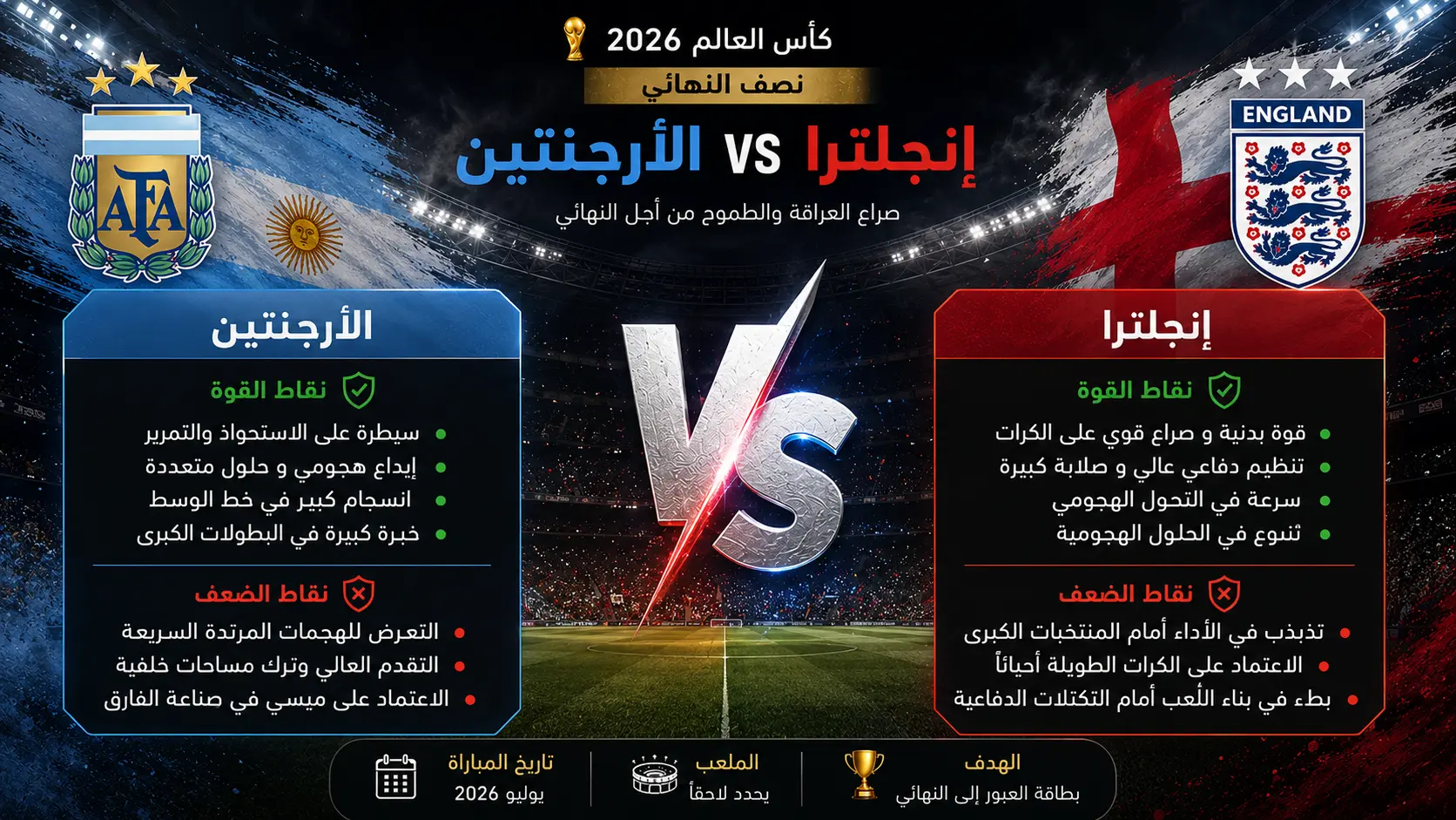 إنفوجرافيك تحليلي يقارن بين نقاط القوة والضعف لمنتخبي الأرجنتين وإنجلترا قبل نصف نهائي كأس العالم 2026