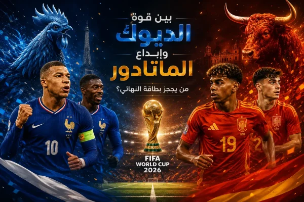 تصميم رياضي درامي يجسد مواجهة فرنسا ضد إسبانيا في كأس العالم 2026 حيث يظهر كيليان مبابي وعثمان ديمبيلي بقميص فرنسا الأزرق في مواجهة لامين يامال وبيدري بقميص إسبانيا البرتقالي مع كأس العالم في المنتصف وخلفية ملعب مضاءة ترمز إلى صراع قوي بين الديوك والماتادور لحجز بطاقة النهائي