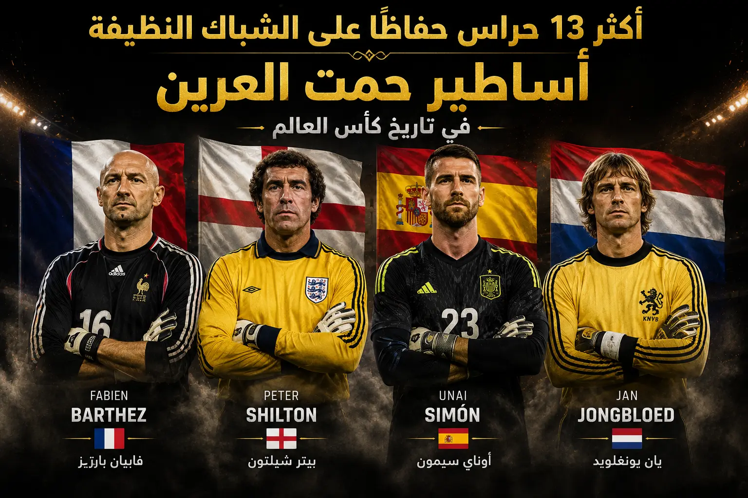 أكثر 13 حارس حفاظًا على الشباك النظيفة في كأس العالم – أساطير حمت العرين تصميم رياضي درامي يجمع أربعة من أبرز حراس المرمى في تاريخ كأس العالم وهم فابيان بارتيز وبيتر شيلتون وأوناي سيمون ويان يونغبلويد، يقفون بوضعية الأذرع المتقاطعة بثقة، وخلف كل منهم علم بلده (فرنسا، إنجلترا، إسبانيا، هولندا)، مع خلفية ملعب مظلم وإضاءة قوية، ويتوسط التصميم نص عربي ذهبي بعنوان "أكثر 13 حراس حفاظًا على الشباك النظيفة – أساطير حمت العرين في تاريخ كأس العالم".