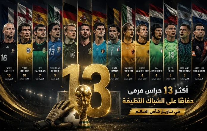 أكثر 13 حارس مرمى حفاظًا على الشباك النظيفة في تاريخ كأس العالم تصميم رياضي إبداعي وفاخر يبرز رقم 13 بشكل ذهبي كبير في منتصف المشهد داخل ملعب كرة قدم مضاء ليلاً، تحيط به مجموعة من أبرز حراس المرمى في تاريخ كأس العالم مصطفين بشكل بانورامي، وخلف كل حارس علم بلده، مع وجود كأس العالم وقفاز حارس مرمى في المقدمة، وأجواء درامية بإضاءة ذهبية تعكس قوة وإنجازات هؤلاء الأساطير في الحفاظ على الشباك النظيفة.