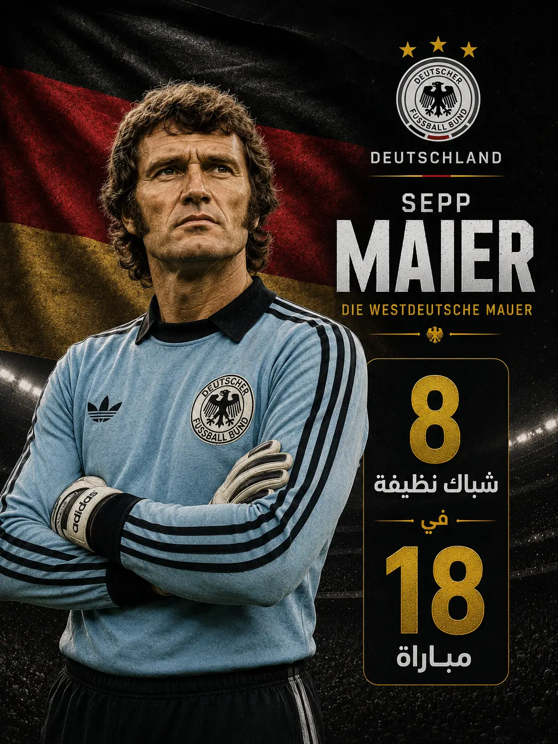 بوستر رياضي درامي لحارس مرمى ألمانيا الغربية سيب ماير واقف بذراعين متقاطعين أمام علم ألمانيا، بإضاءة قوية وأجواء ملعب، مع تصميم جرافيكي حديث يعرض إحصائية "8 شباك نظيفة في 18 مباراة" ونص عربي بارز يبرز قوة الحارس وأسطوريته.