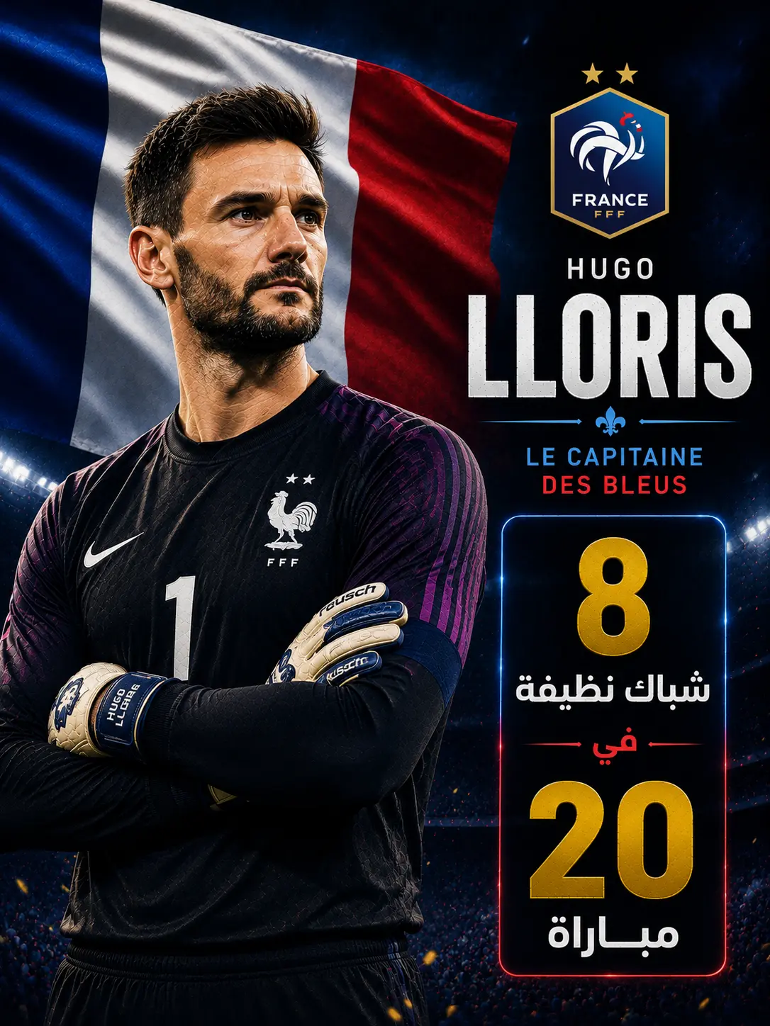 بوستر رياضي درامي للحارس الفرنسي هوغو لوريس واقف بذراعين متقاطعين بثقة أمام علم فرنسا، داخل أجواء ملعب مضاء ليلاً، مع تصميم جرافيكي حديث يعرض إحصائية "8 شباك نظيفة في 20 مباراة" إلى جانب لقب "قائد الديوك" بأسلوب بصري قوي.