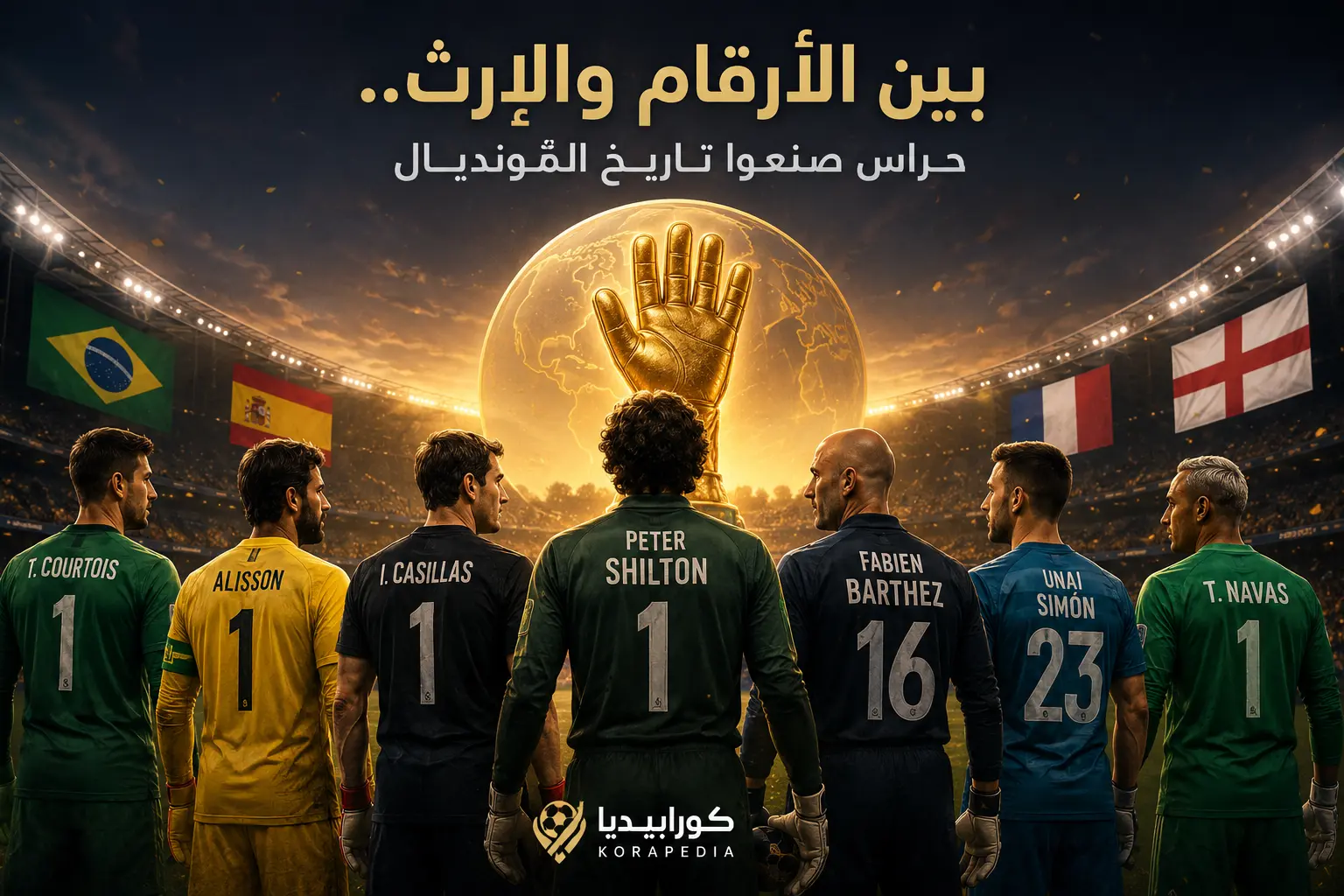 تصميم رياضي يجمع نخبة من أشهر حراس المرمى في تاريخ كأس العالم أمام قفاز ذهبي داخل ملعب كرة قدم، في إشارة إلى أكثر الحراس حفاظًا على الشباك النظيفة في كأس العالم عبر التاريخ.