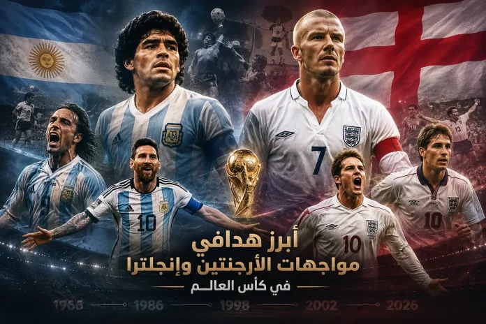 أبرز هدافي مواجهات الأرجنتين وإنجلترا في كأس العالم عبر التاريخ تصميم رياضي يجمع أبرز نجوم الأرجنتين وإنجلترا الذين سجلوا في تاريخ مواجهات المنتخبين بكأس العالم، يتوسطهم كأس العالم مع خلفية تجمع أعلام المنتخبين ومحطات المواجهات التاريخية منذ عام 1962.