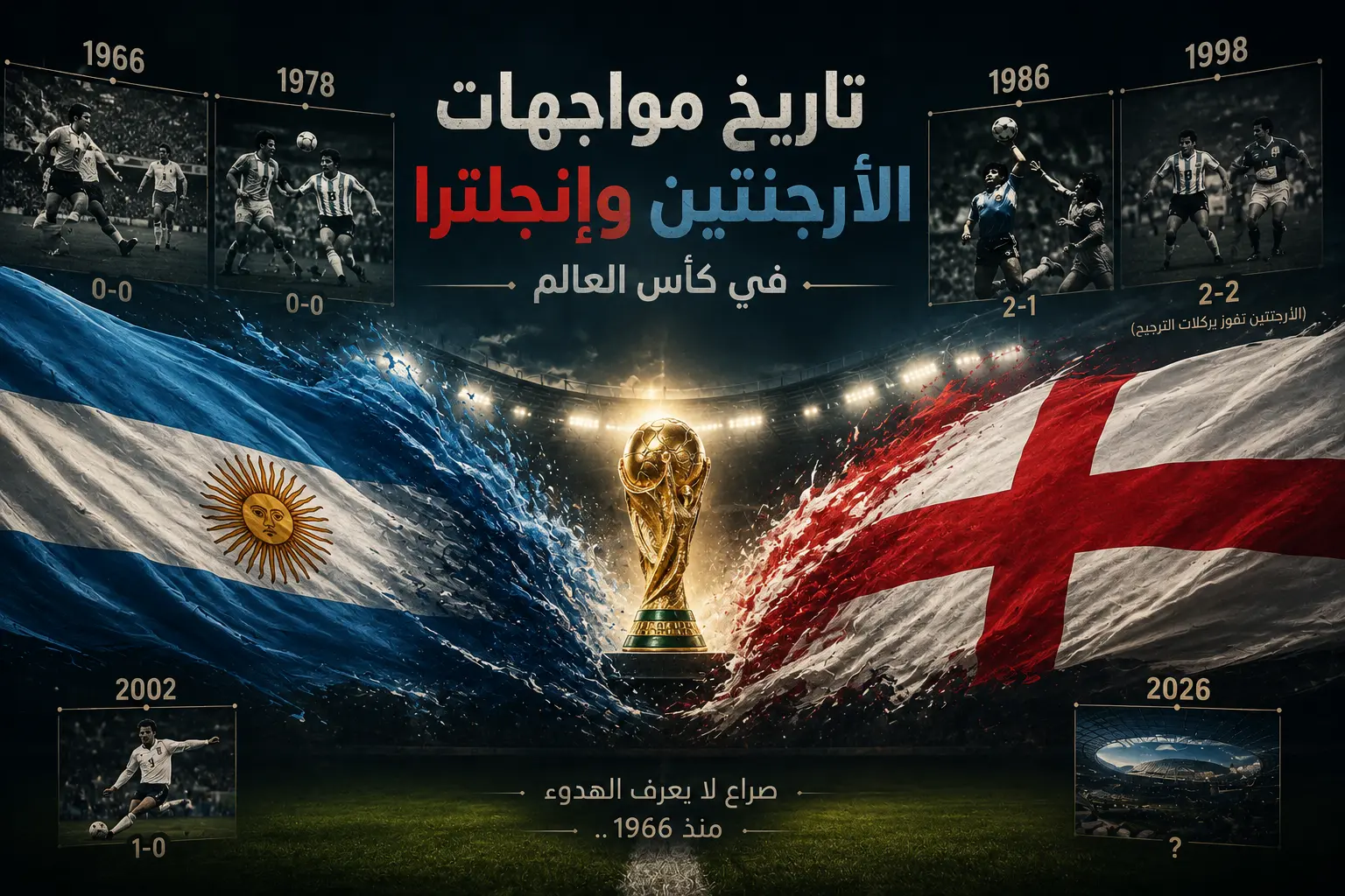 تصميم رياضي يجسد تاريخ مواجهات الأرجنتين وإنجلترا في كأس العالم، مع كأس العالم يتوسط علمي المنتخبين وخلفية تعرض أبرز محطات الأرجنتين ضد إنجلترا في المونديال منذ عام 1962 وحتى كأس العالم 2026.