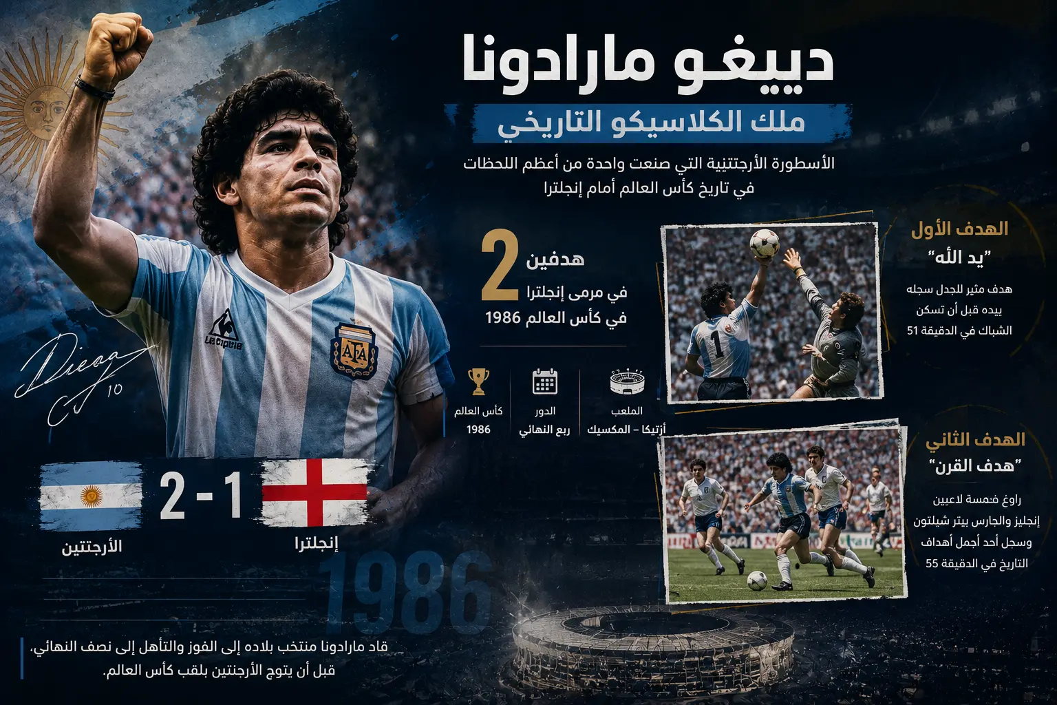 تصميم رياضي للنجم دييغو مارادونا بقميص منتخب الأرجنتين، يستعرض هدفيه التاريخيين أمام إنجلترا في كأس العالم 1986، ضمن تاريخ مواجهات الأرجنتين وإنجلترا في كأس العالم.