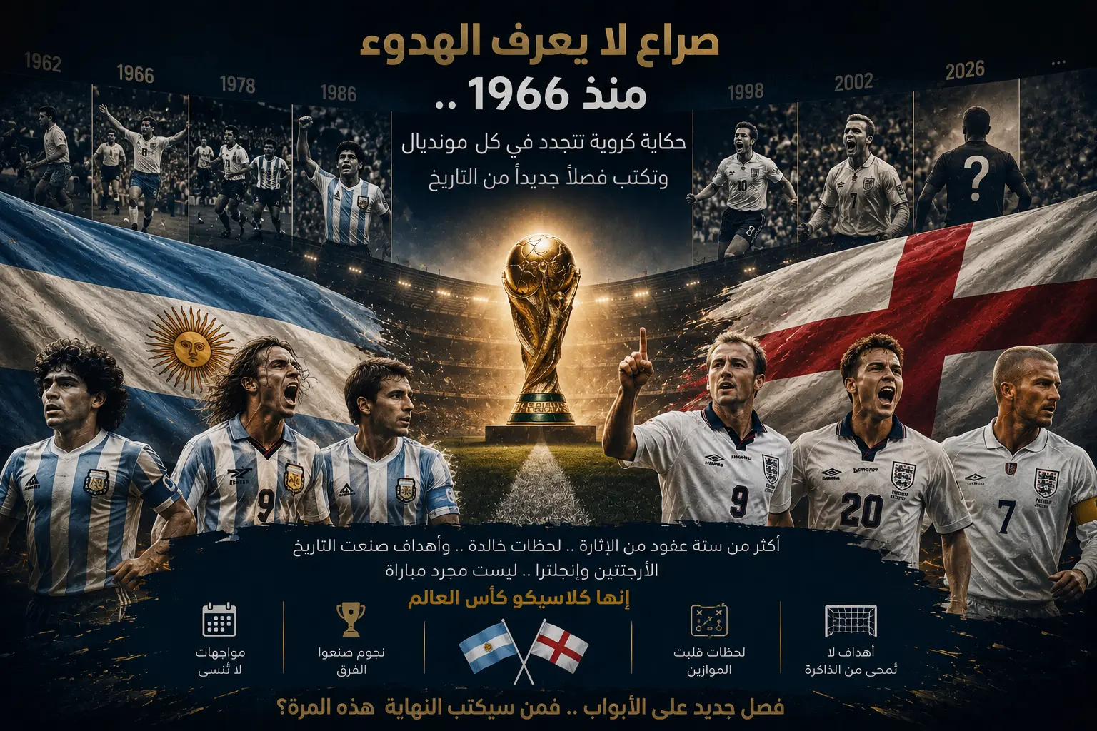 تصميم رياضي يجمع أبرز نجوم تاريخ مواجهات الأرجنتين وإنجلترا في كأس العالم، مع كأس العالم في المنتصف وخلفية تستعرض أبرز محطات الأرجنتين ضد إنجلترا منذ عام 1962 وحتى كأس العالم 2026.