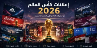 إعلانات كأس العالم 2026 | دليل شامل لأبرز الحملات الدعائية الرسمية والعربية تصميم إبداعي يجسد إعلانات كأس العالم 2026 ويعرض أبرز الحملات الدعائية للشركات العالمية والمنتخبات العربية المشاركة في المونديال.