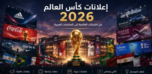 تصميم إبداعي يجسد إعلانات كأس العالم 2026 ويعرض أبرز الحملات الدعائية للشركات العالمية والمنتخبات العربية المشاركة في المونديال.