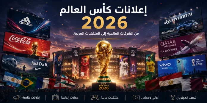 إعلانات كأس العالم 2026 | أبرز الحملات الدعائية الرسمية والعربية تصميم إبداعي يجسد إعلانات كأس العالم 2026 ويعرض أبرز الحملات الدعائية للشركات العالمية والمنتخبات العربية المشاركة في المونديال.