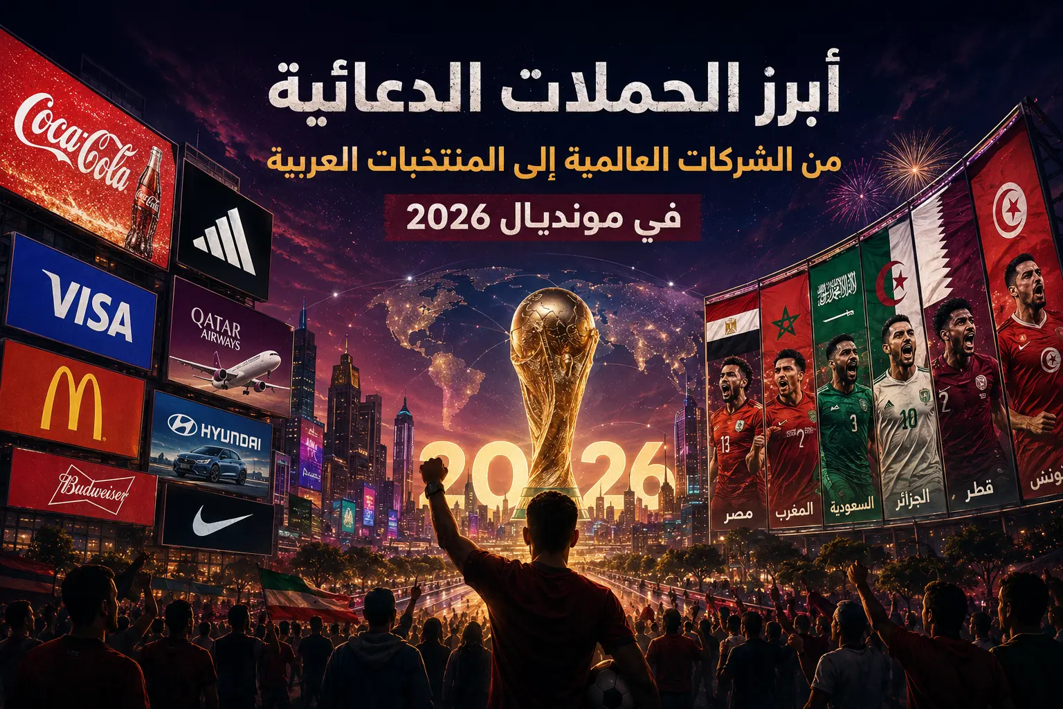 تصميم يعبر عن إعلانات كأس العالم 2026 ويبرز الحملات الدعائية للشركات العالمية والمنتخبات العربية التي صاحبت بطولة مونديال 2026.