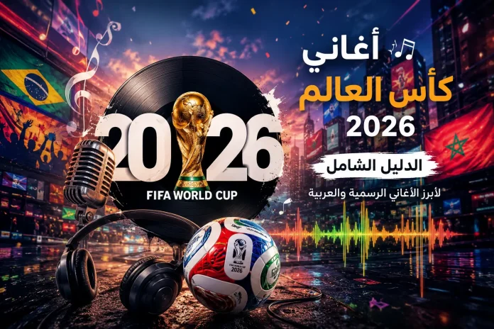 أغاني كأس العالم 2026 | الدليل الشامل لأبرز الأغاني الرسمية والعربية تصميم إبداعي يجمع بين كرة القدم والموسيقى، يظهر كأس العالم 2026 مع ميكروفون وسماعات وموجات صوتية وخلفية مليئة بالأعلام والأجواء الاحتفالية.