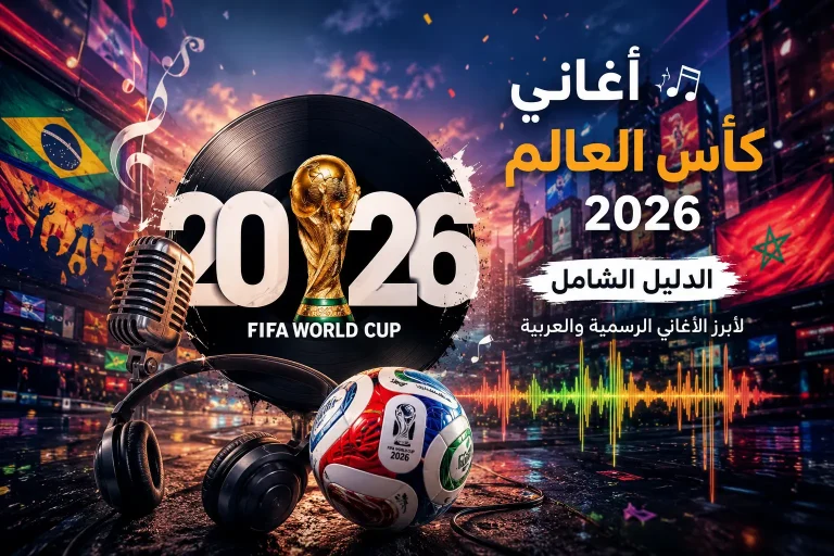 تصميم إبداعي يجمع بين كرة القدم والموسيقى، يظهر كأس العالم 2026 مع ميكروفون وسماعات وموجات صوتية وخلفية مليئة بالأعلام والأجواء الاحتفالية.