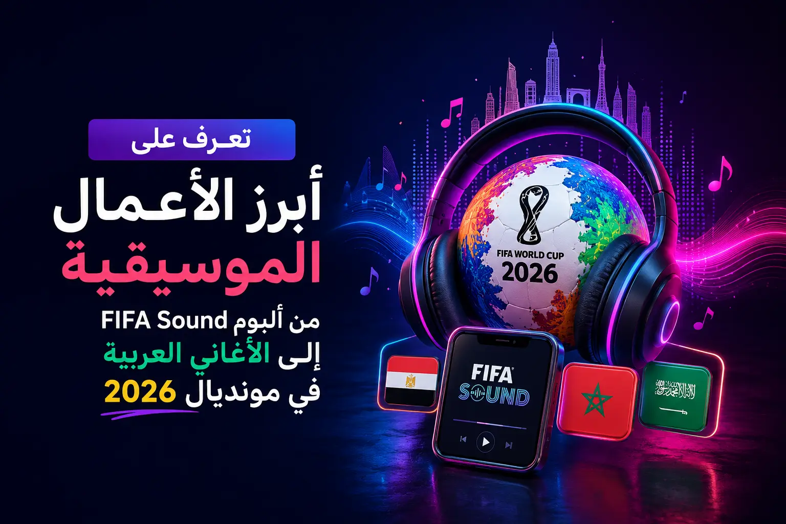 تصميم عصري يعبر عن أغاني كأس العالم 2026 يظهر كرة داخل سماعات مع رموز موسيقية وأعلام، في إشارة إلى الأغاني التي تدعم كل منتخب في مونديال 2026