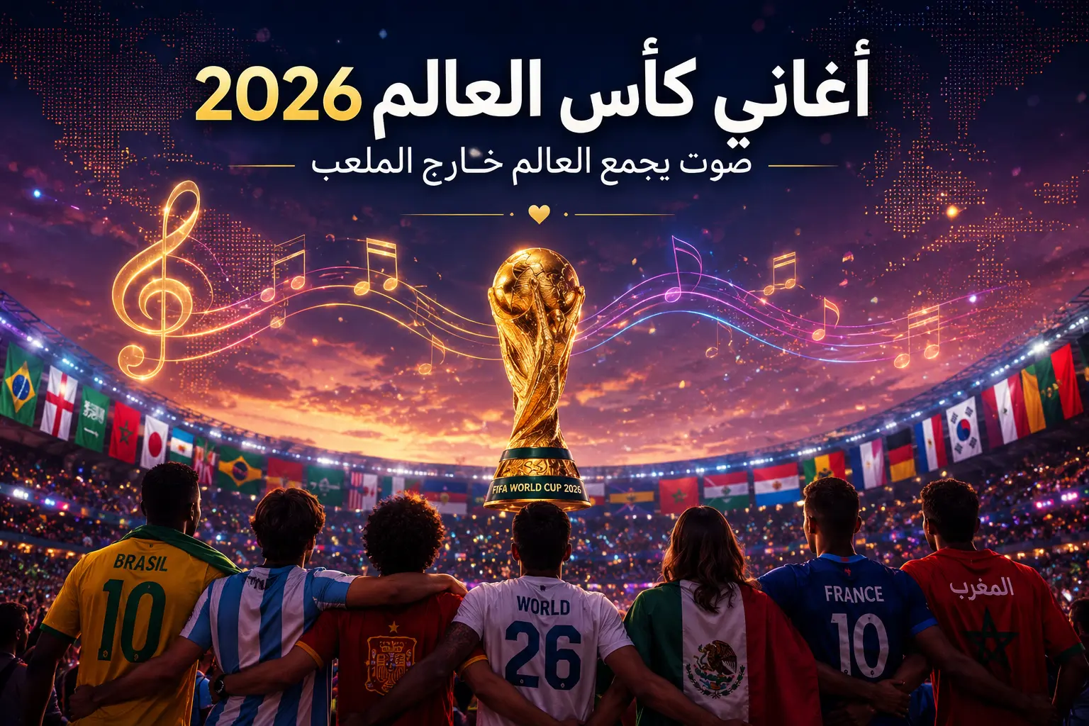 تصميم احتفالي عن أغاني كأس العالم 2026 يظهر جماهير من كل منتخب داخل ملعب مع الكأس وموجات موسيقية، في مشهد يعبر عن صوت يجمع العالم خارج الملعب