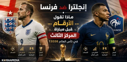 تصميم رياضي يجمع منتخب إنجلترا ومنتخب فرنسا قبل مواجهة إنجلترا ضد فرنسا في مباراة تحديد المركز الثالث ببطولة كأس العالم 2026، مع عرض أبرز الإحصائيات والأرقام التاريخية قبل اللقاء.