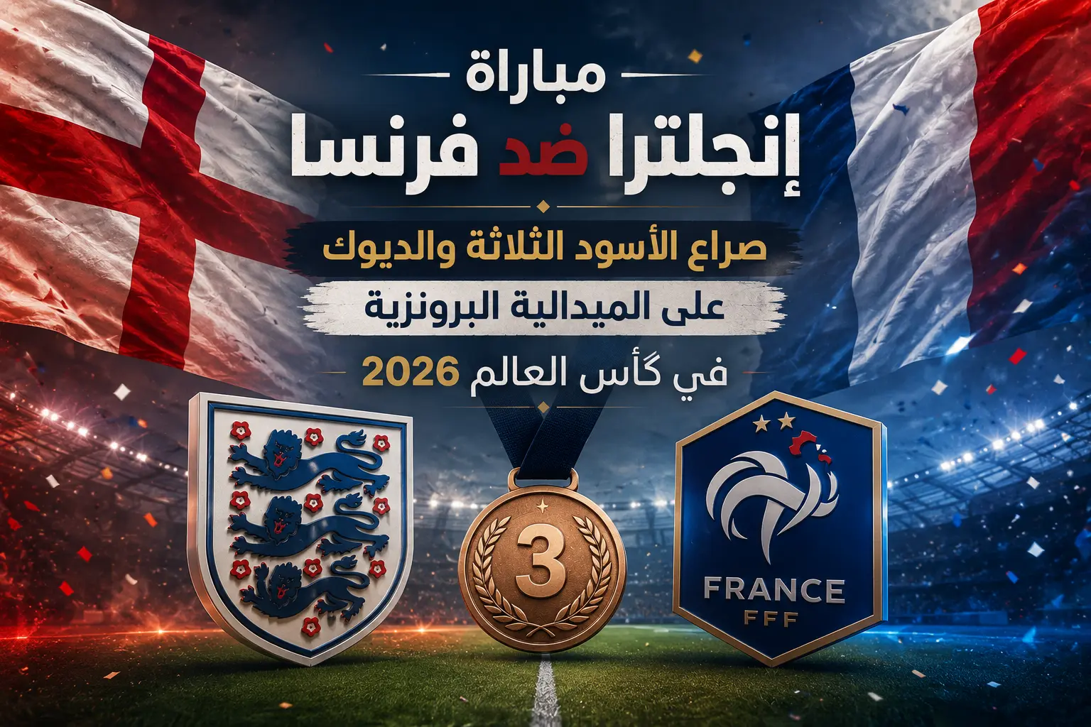 تصميم يبرز أعلام منتخب إنجلترا ومنتخب فرنسا والميدالية البرونزية قبل مباراة إنجلترا ضد فرنسا في كأس العالم 2026، التي تجمع الأسود الثلاثة والديوك لحسم المركز الثالث.