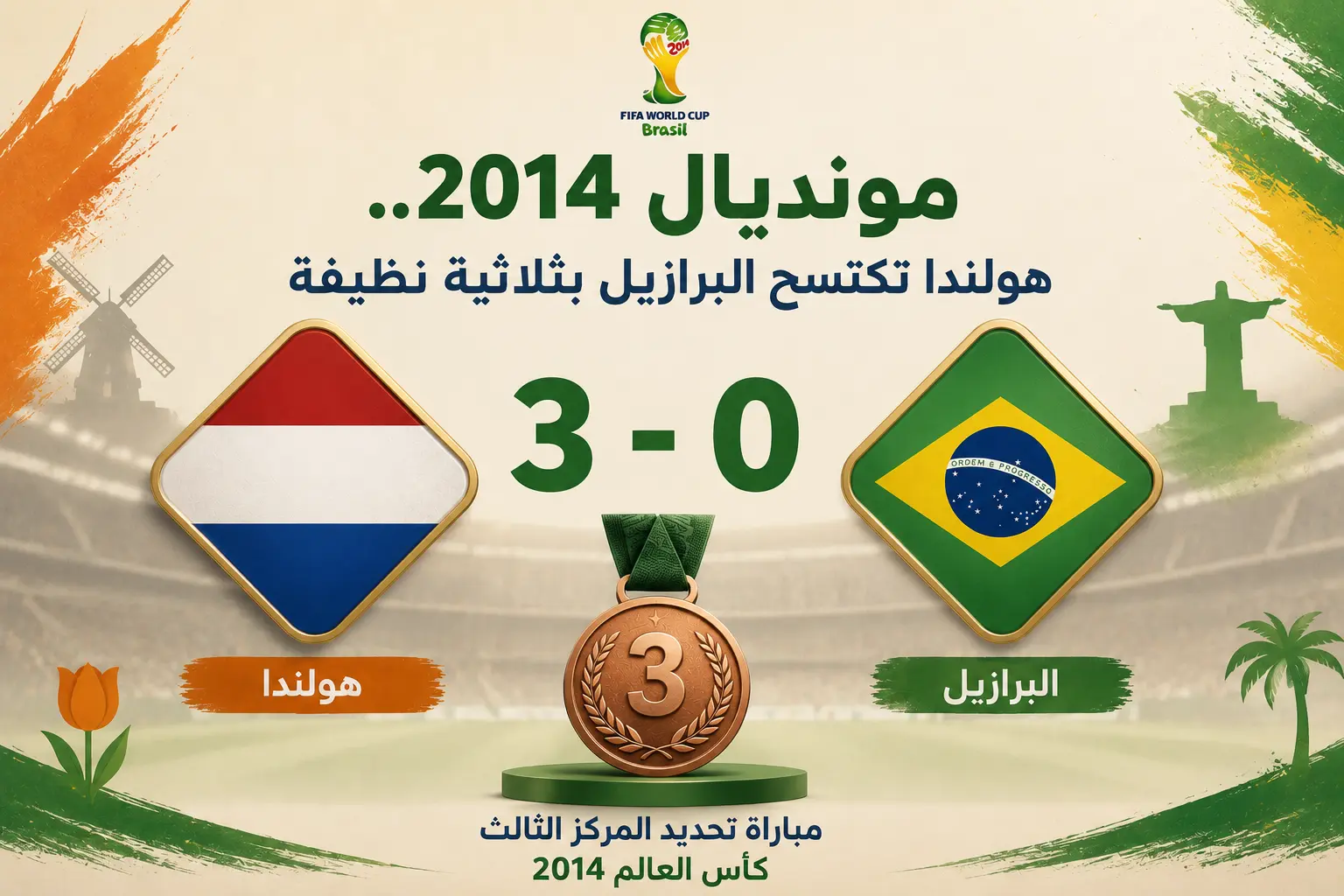 تصميم رياضي يبرز فوز منتخب هولندا على منتخب البرازيل بنتيجة 3-0 في مباراة تحديد المركز الثالث ببطولة كأس العالم 2014.