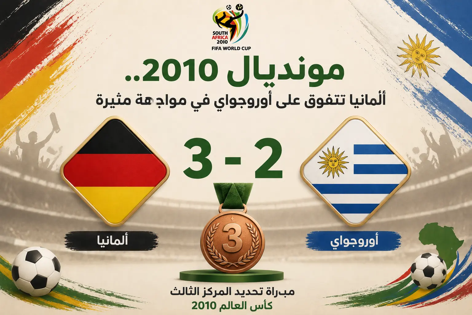 تصميم رياضي يوضح فوز منتخب ألمانيا على منتخب أوروجواي بنتيجة 3-2 في مباراة تحديد المركز الثالث ببطولة كأس العالم 2010.