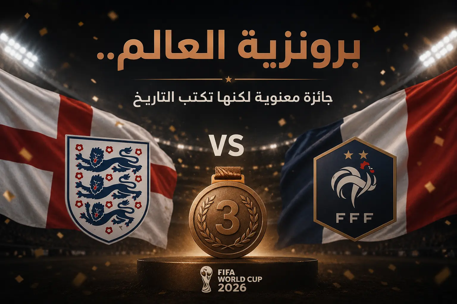 تصميم كروي يعرض مواجهة إنجلترا وفرنسا على المركز الثالث في كأس العالم 2026، مع ميدالية برونزية في المنتصف وأعلام المنتخبين في الخلفية داخل ملعب مضاء.