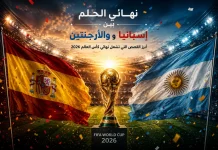 نهائي الحلم بين إسبانيا والأرجنتين.. أبرز القصص التي تشعل نهائي كأس العالم 2026 تصميم كروي احتفالي يعرض نهائي الحلم بين إسبانيا والأرجنتين في كأس العالم 2026، مع أعلام إسبانيا والأرجنتين وكأس البطولة في ملعب مضاء، في مشهد يعكس الحماس والقصص التي تشعل النهائي