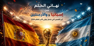 نهائي الحلم بين إسبانيا والأرجنتين.. أبرز القصص التي تشعل نهائي كأس العالم 2026 تصميم كروي احتفالي يعرض نهائي الحلم بين إسبانيا والأرجنتين في كأس العالم 2026، مع أعلام إسبانيا والأرجنتين وكأس البطولة في ملعب مضاء، في مشهد يعكس الحماس والقصص التي تشعل النهائي