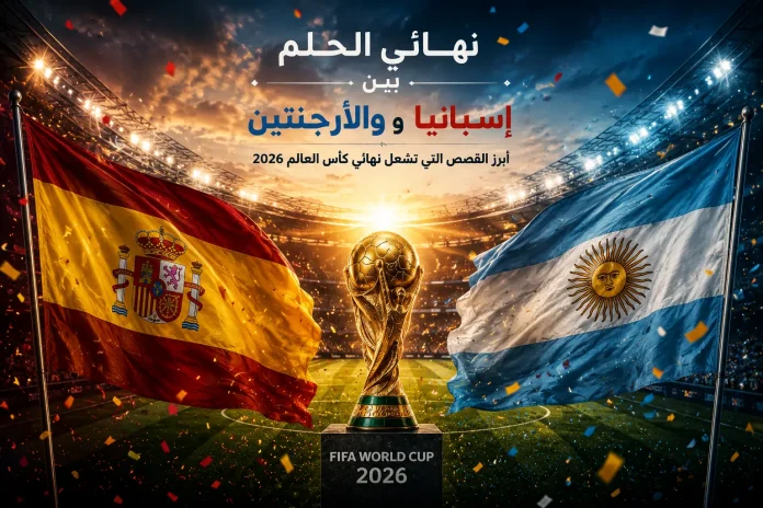 تصميم كروي احتفالي يعرض نهائي الحلم بين إسبانيا والأرجنتين في كأس العالم 2026، مع أعلام إسبانيا والأرجنتين وكأس البطولة في ملعب مضاء، في مشهد يعكس الحماس والقصص التي تشعل النهائي