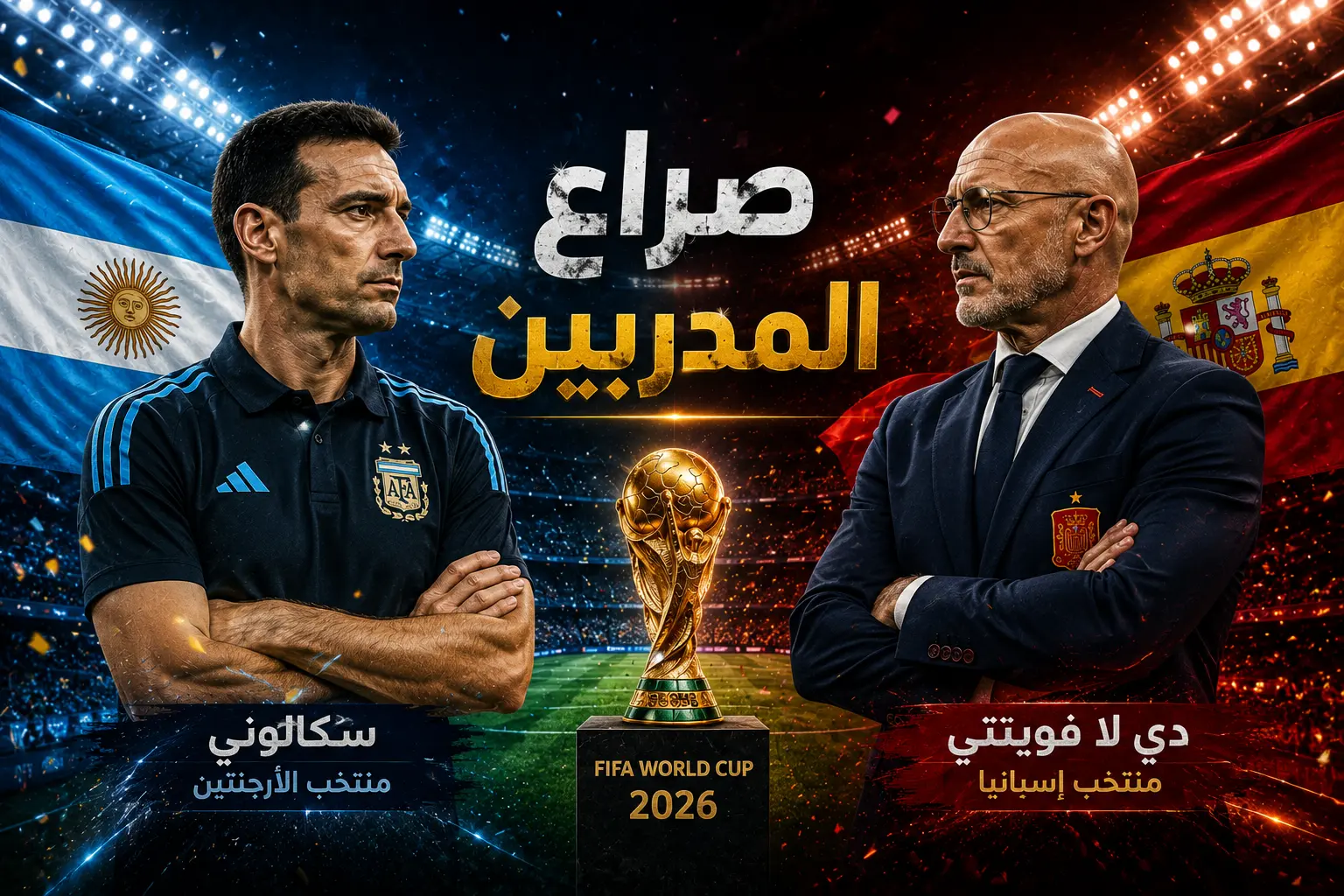 تصميم رياضي يظهر صراع المدربين بين سكالوني ودي لا فوينتي مع علم الأرجنتين وإسبانيا في الخلفية، في أجواء تعكس منافسة كل منتخب ضمن سياق أغاني كأس العالم 2026