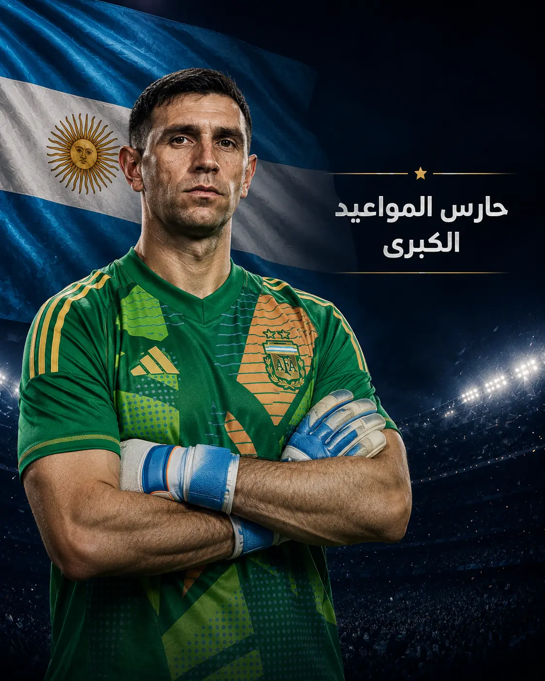تصميم رياضي لإيميليانو مارتينيز واقف بذراعين متقاطعين أمام علم الأرجنتين، بأسلوب ملحمي يعكس قوته كحارس المواعيد الكبرى ضمن أجواء أغاني كأس العالم 2026