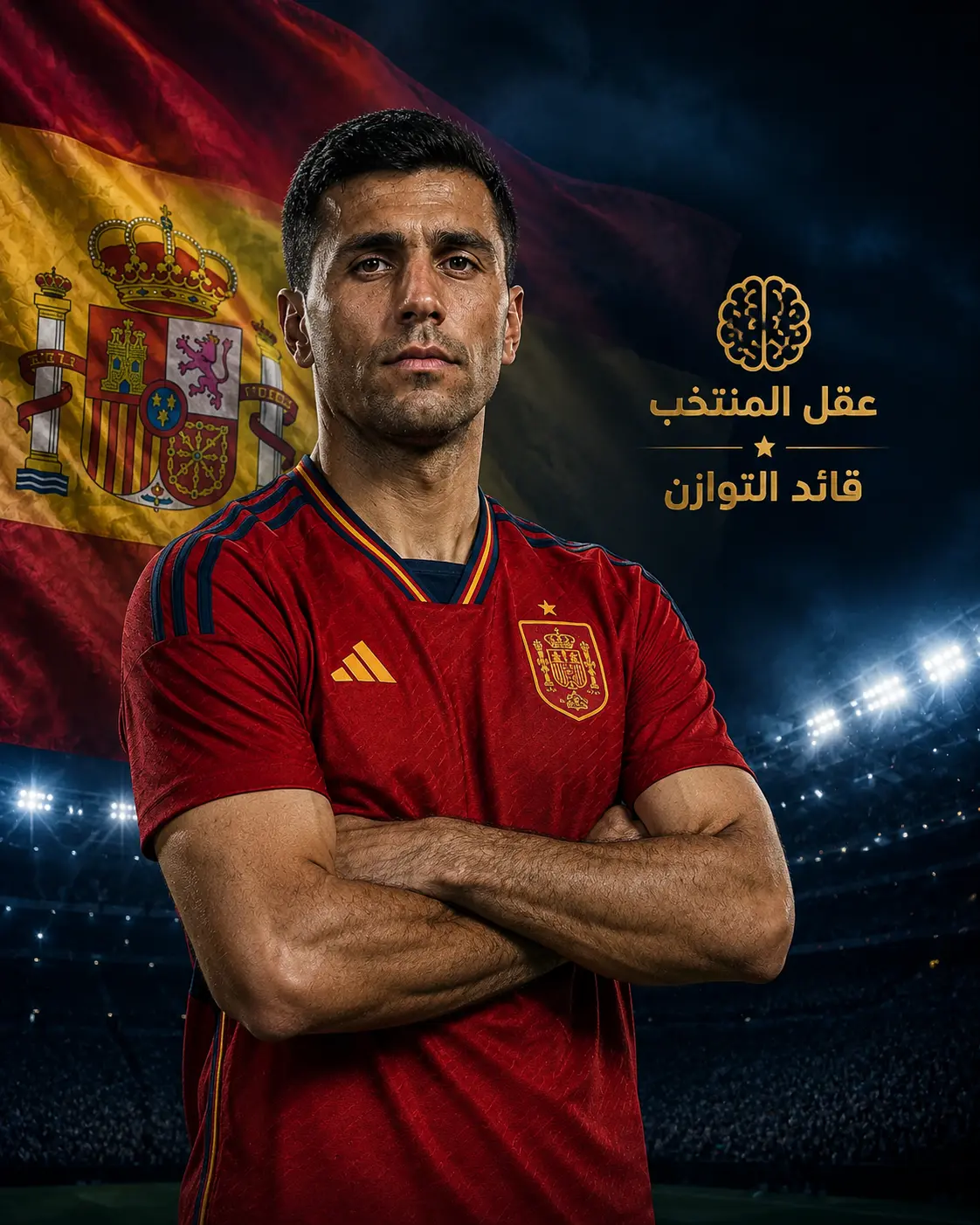 صورة لرودري واقف واضعًا ذراعيه متقاطعتين أمام صدره، يرتدي قميص منتخب إسبانيا وخلفه علم إسبانيا في أجواء ملعب مضاء ليلاً مع تصميم رياضي احترافي.