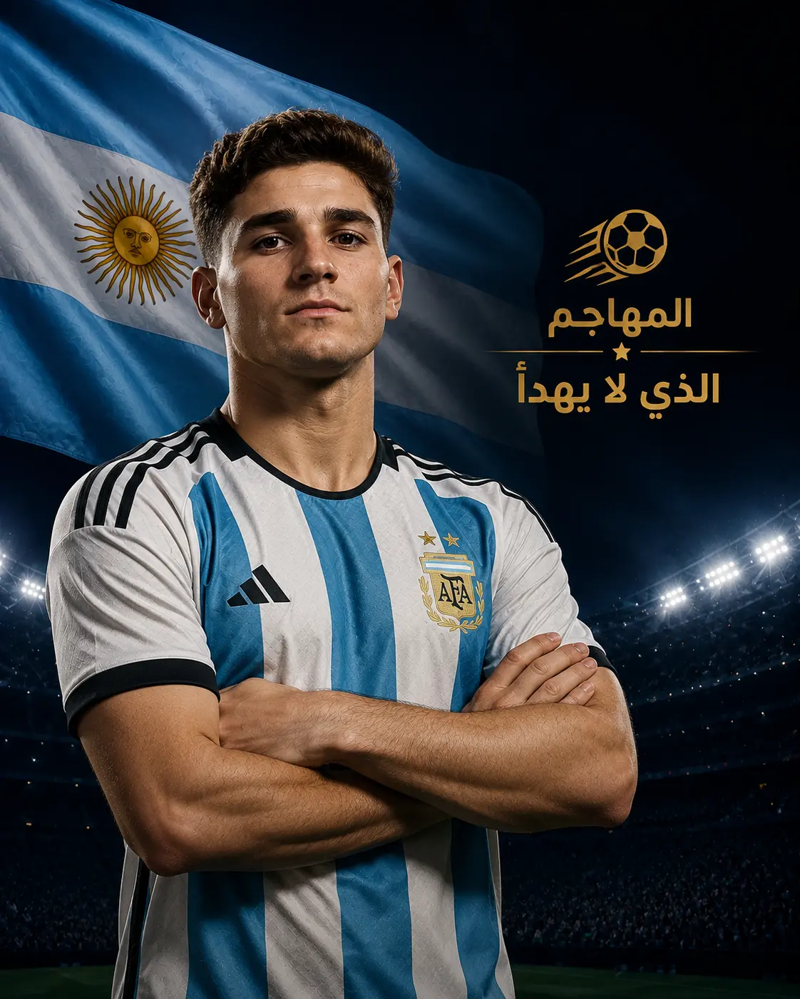 صورة لجوليان ألفاريز واقفًا بذراعين متقاطعين، يرتدي قميص منتخب الأرجنتين وخلفه علم الأرجنتين في ملعب كرة قدم بإضاءة ليلية وتصميم حماسي.