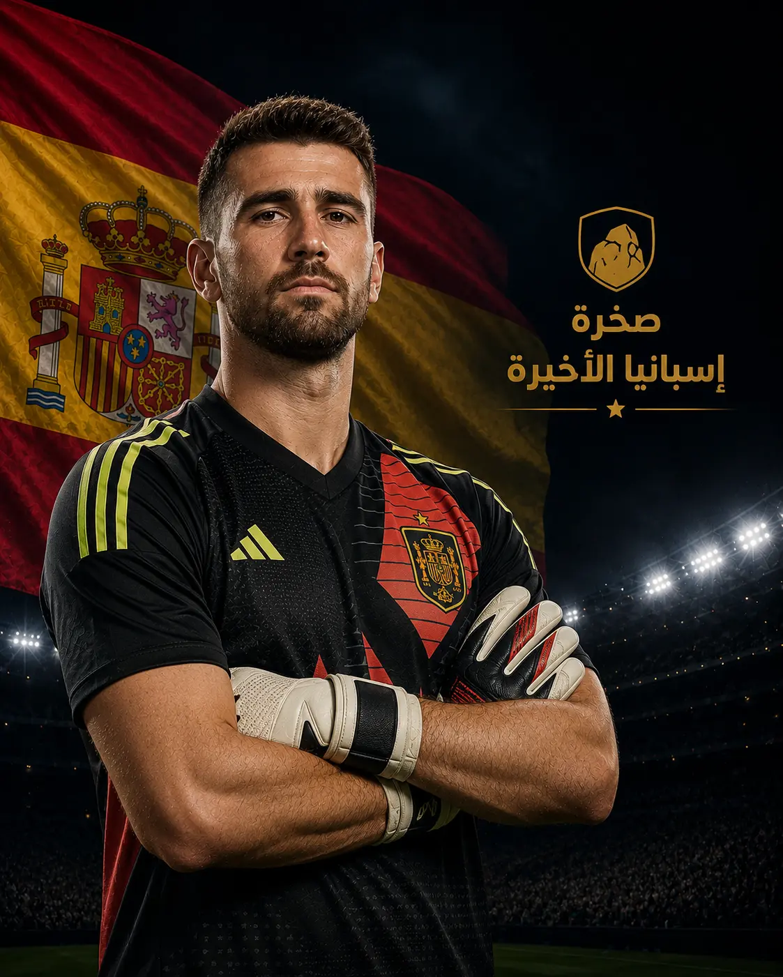 تصميم رياضي لأوناي سيمون بذراعين متقاطعين أمام علم إسبانيا، يعبر عن صلابته كخط الدفاع الأخير للمنتخب ضمن أجواء أغاني كأس العالم 2026