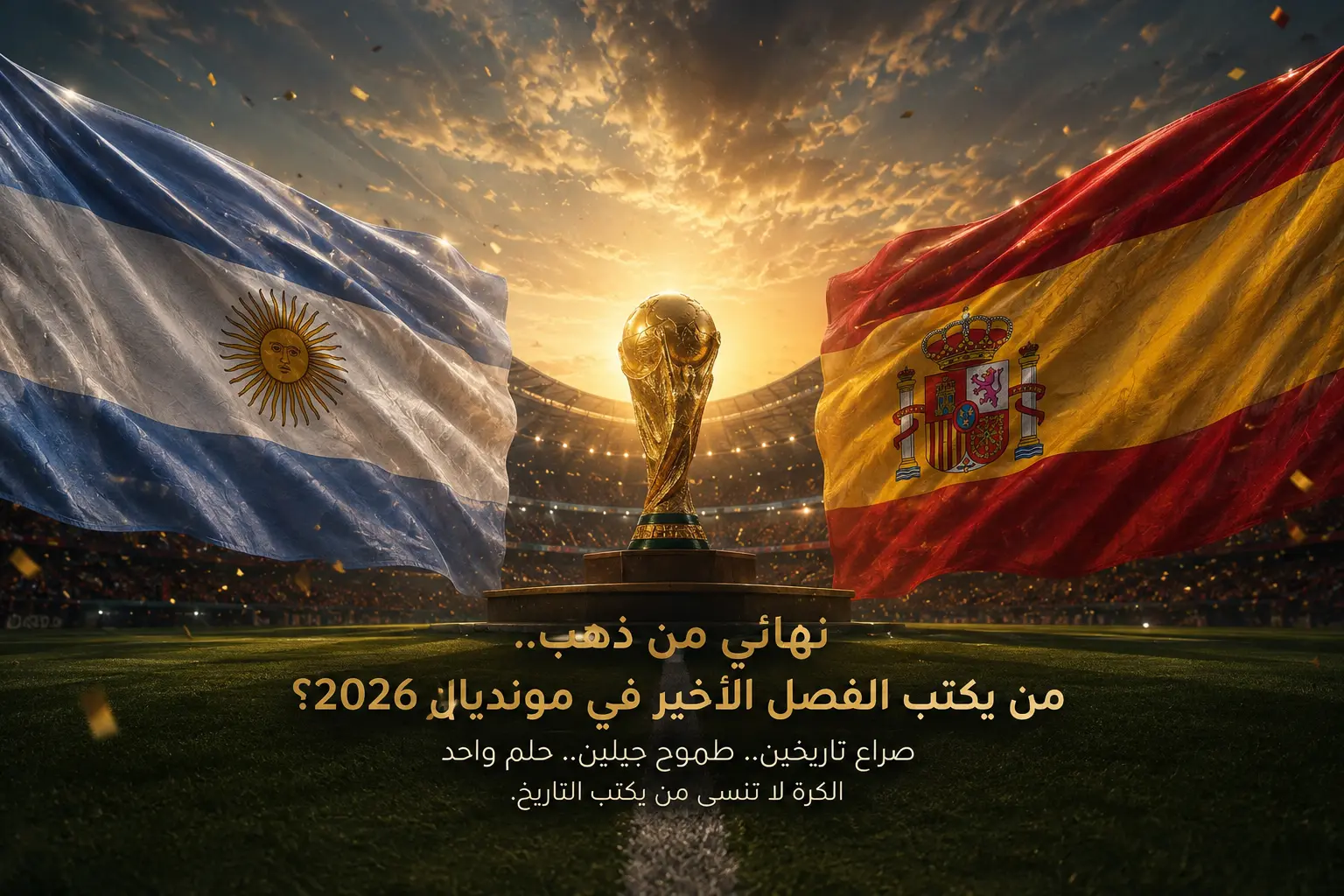 لاعب كرة قدم يقف في ملعب مضاء بالأضواء القوية، ينظر للأمام بثقة وسط أجواء درامية وجماهير غامرة، في لحظة حاسمة قبل مباراة كبيرة.