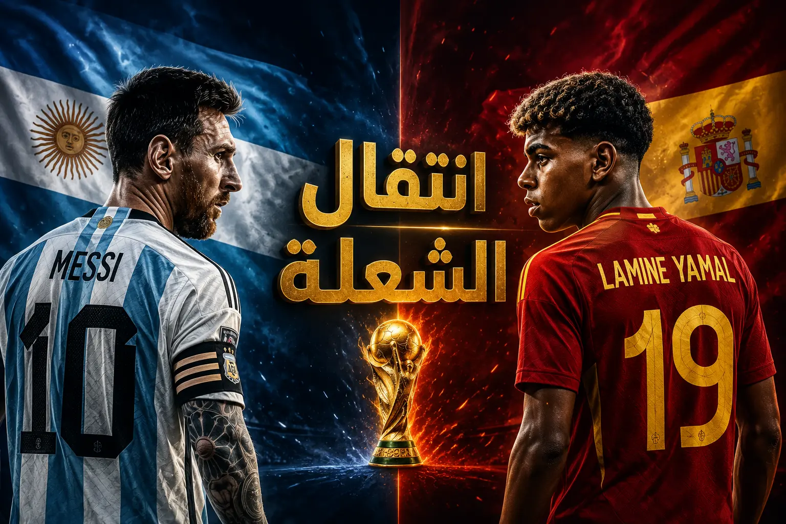 تصميم إبداعي يجسد انتقال الشعلة بين منتخب الأرجنتين ومنتخب إسبانيا، يظهر لاعب يمثل الأرجنتين وآخر يمثل إسبانيا مع أعلام البلدين في الخلفية، في مشهد يعبر عن صراع كروي بين الأرجنتين وإسبانيا