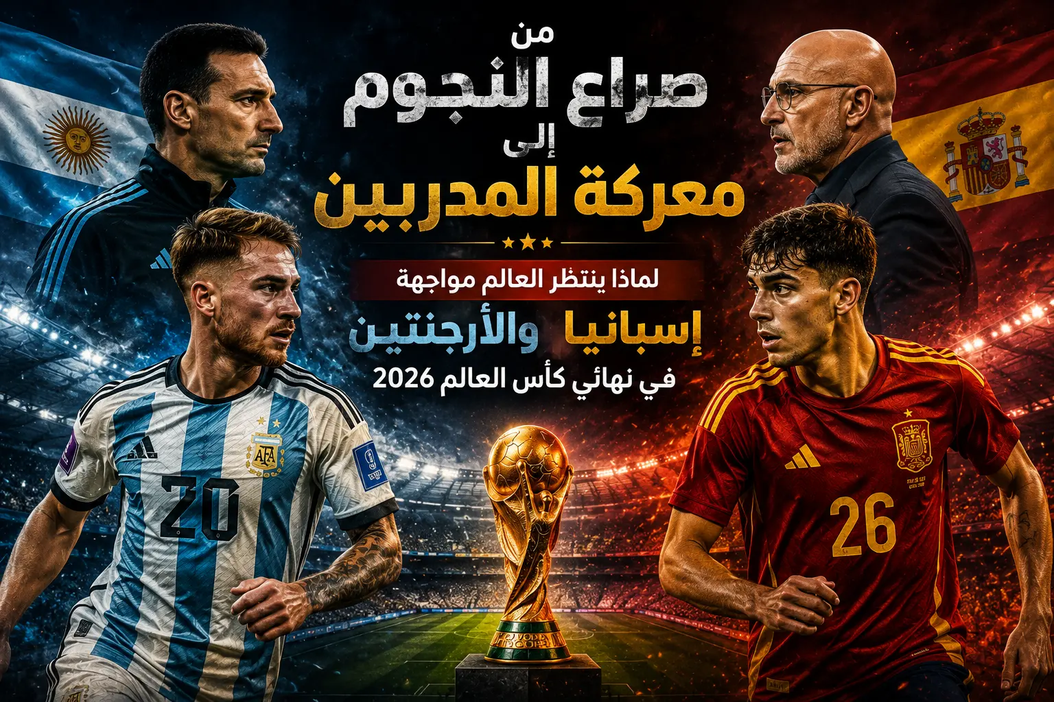 تصميم يعبر عن مواجهة إسبانيا والأرجنتين في نهائي كأس العالم 2026، يظهر أجواء تنافسية بين منتخب إسبانيا ومنتخب الأرجنتين مع رموز تكتيكية تعكس صراع النجوم ومعركة المدربين