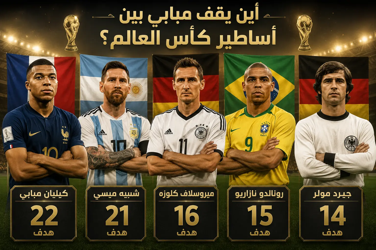 مقارنة بين أهداف مبابي في كأس العالم وأبرز هدافي البطولة عبر التاريخ، بينهم ليونيل ميسي وميروسلاف كلوزه ورونالدو نازاريو وجيرد مولر.