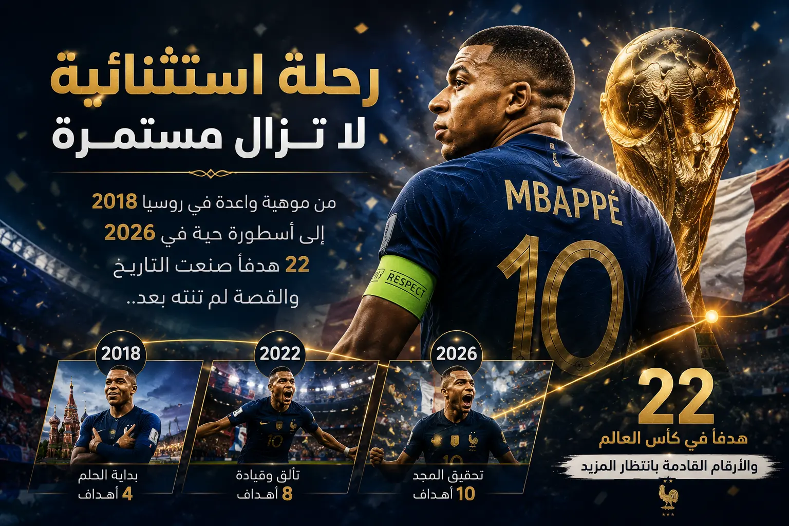 تصميم يجسد رحلة كيليان مبابي في كأس العالم منذ مونديال 2018 حتى وصوله إلى 22 هدفًا مع منتخب فرنسا، ليصبح الهداف التاريخي للبطولة في كأس العالم 2026.