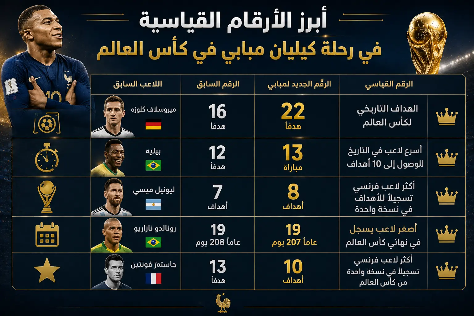 جدول يوضح أبرز الأرقام القياسية التي حققها كيليان مبابي في كأس العالم، بما في ذلك وصوله إلى 22 هدفًا وتحطيمه العديد من الأرقام التاريخية مع منتخب فرنسا في كأس العالم 2026.