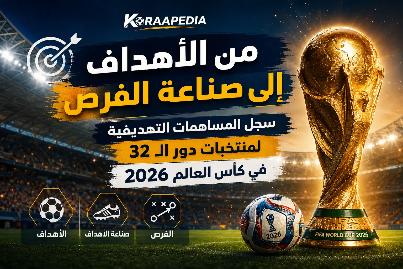 تصميم إنفوجرافيك يبرز أهداف المنتخبات في كأس العالم 2026 من خلال سجل المساهمات التهديفية لمنتخبات دور الـ32، مع كأس العالم وعناصر بصرية تعبر عن تسجيل الأهداف وصناعة الفرص والإنتاج الهجومي خلال البطولة.