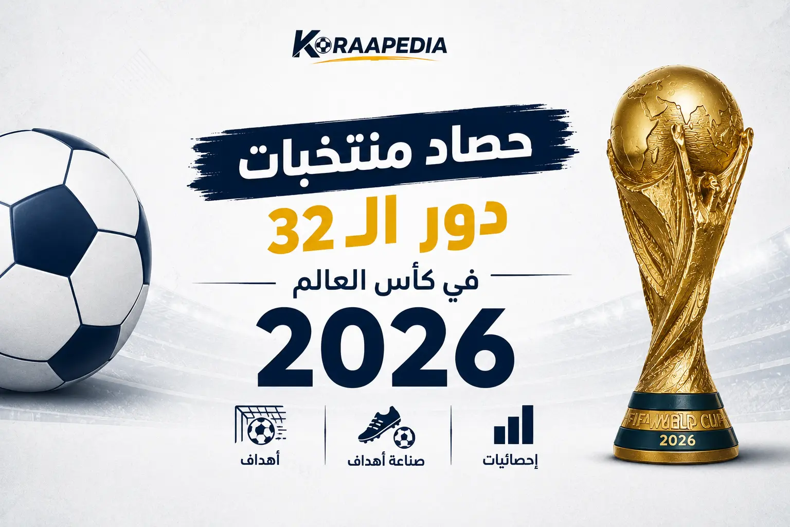 تصميم رياضي بسيط بعنوان حصاد منتخبات دور الـ32 في كأس العالم 2026، يسلط الضوء على أهداف المنتخبات في كأس العالم 2026 وسجل المساهمات التهديفية، مع كأس البطولة وكرة قدم ورموز تعبر عن تسجيل الأهداف وصناعة الفرص والإحصائيات.