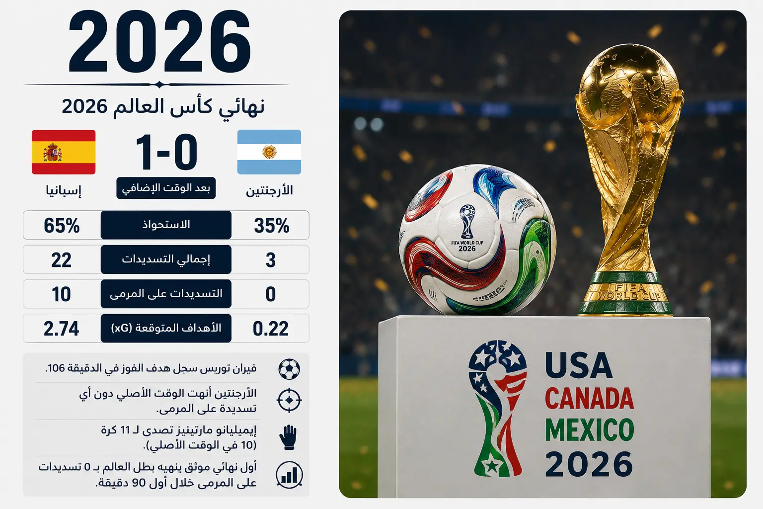 تصميم إنفوجرافيك يعرض فوز إسبانيا 1-0 على الأرجنتين في نهائي كأس العالم 2026 بعد الوقت الإضافي، مع إحصائيات تفوق إسبانيا في الاستحواذ والتسديدات وxG، وبجانبها صورة كأس العالم والكرة الرسمية وشعار USA Canada Mexico 2026.
