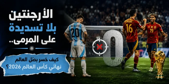 تصميم بصري يظهر لاعبًا من الأرجنتين في حالة إحباط مقابل احتفال لاعبي إسبانيا، مع رقم صفر يرمز لغياب التسديدات على المرمى، في مشهد يجسد خسارة الأرجنتين نهائي كأس العالم 2026.