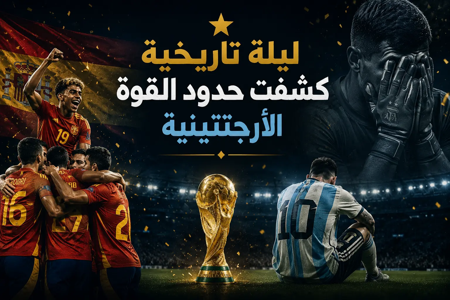 تصميم بصري درامي يجسد نهاية نهائي كأس العالم 2026، يظهر احتفال لاعبي إسبانيا في الجهة اليسرى مقابل حزن لاعبي الأرجنتين في الجهة اليمنى، مع كأس العالم في المنتصف تحت أضواء الملعب، ويعلوه عنوان عربي بارز يصف ليلة تاريخية كشفت حدود قوة المنتخب الأرجنتيني.