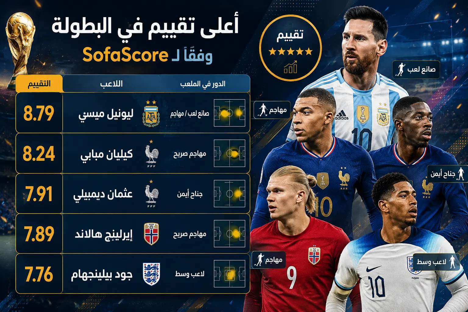 إحصائيات كأس العالم 2026 إنفوجرافيك يوضح أعلى تقييمات اللاعبين في كأس العالم 2026 وفقًا لـ SofaScore، ويضم ليونيل ميسي وكيليان مبابي وعثمان ديمبيلي وإيرلينج هالاند وجود بيلينجهام مع متوسط تقييم كل لاعب.